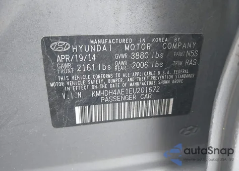 2014 Hyundai Elantra Se from USA, damaged, VIN KMHDH4AE1EU201672